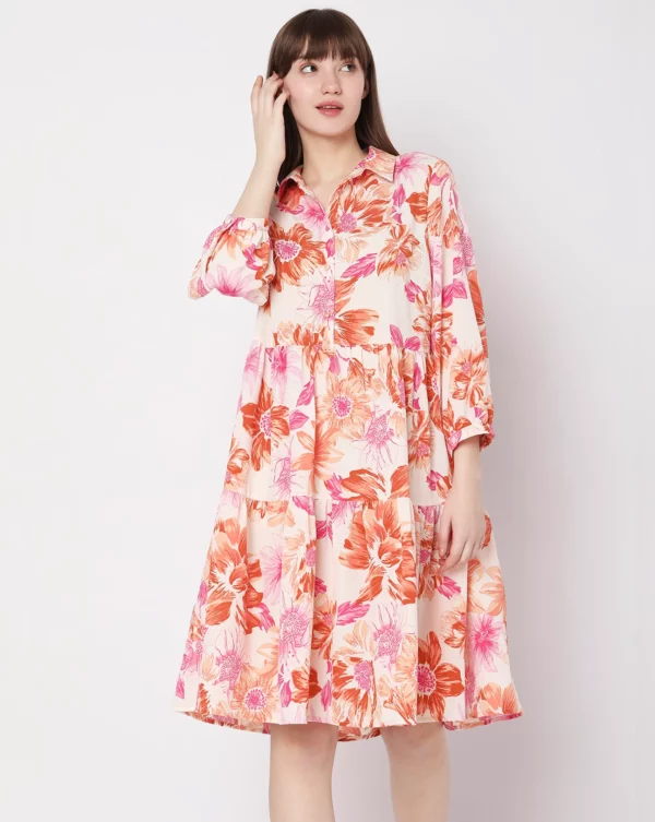 BEIGE FLORAL PRINT SHIFT DRESS