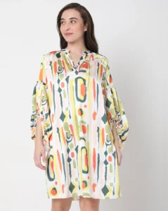 WHITE ABSTRACT PRINT SHIFT DRESS