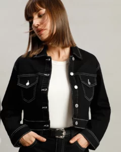 BLACK CONTRAST STITCHING CROPPED DENIM JACKET
