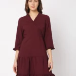 WINE MOCK WRAP SHIFT DRESS