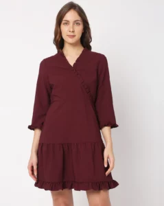 WINE MOCK WRAP SHIFT DRESS