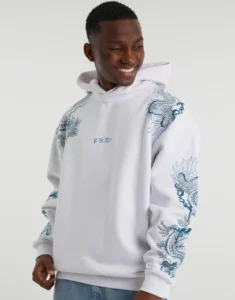 DRAGON EMBROIDERED BOX FIT HOODIE IN WHITE