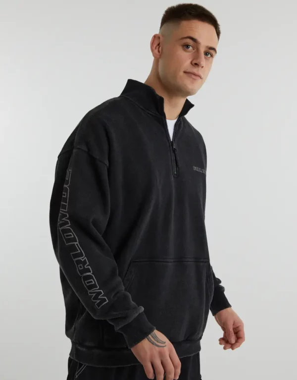 WORLDWIDE ZIP UP OVERSIZED SWEAT IN WASHED BLACK